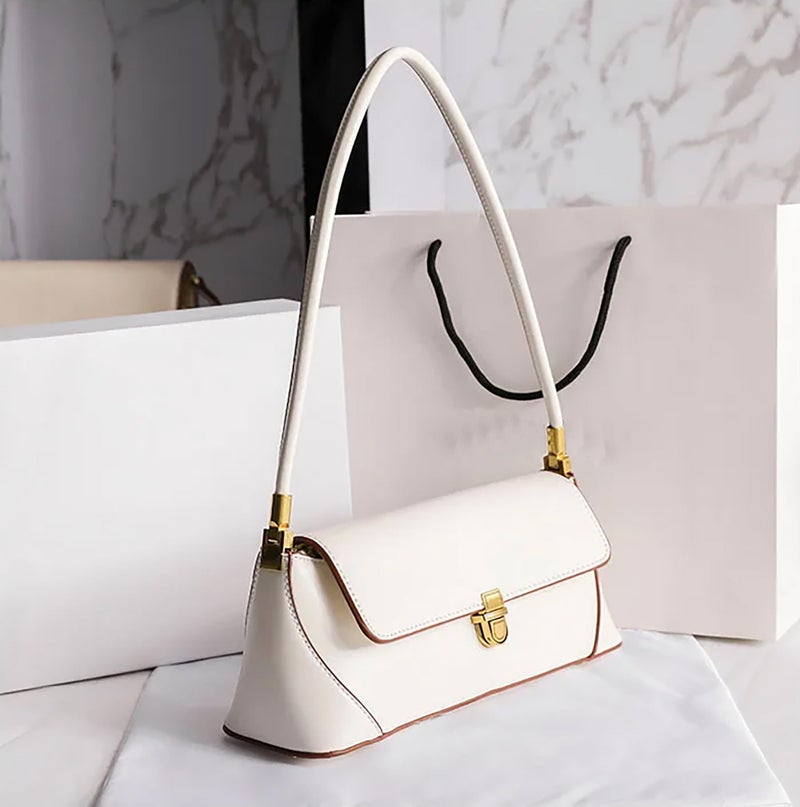 SIBY Women's Clutch Bag Leather Retro Bag | Flap Shoulder Purse with Wide Strap for Girls | Shoulder Bag with Metal Lock | Tote Handbag for Women (Beige) - Image 3