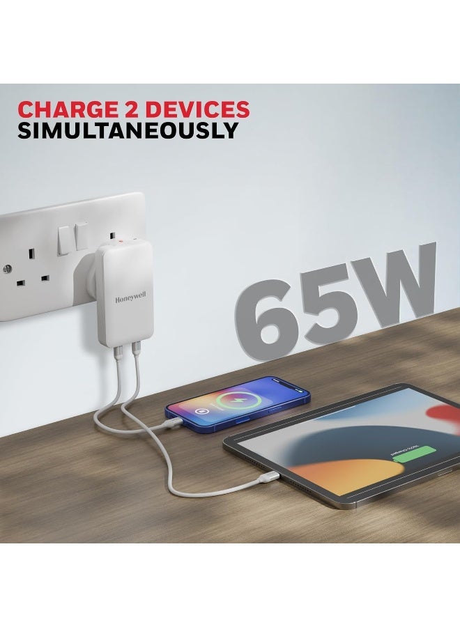 هوني ويل شاحن حائط زست فائق النحافة GaN 65W مزدوج Type-C PD 3.0 مع دعم PPS، شحن فائق السرعة، متوافق مع آيفون، آيباد برو، بيكسل، جالاكسي، ون بلس، الأجهزة اللوحية والساعات الذكية - - Image 4