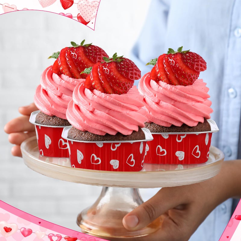 Jingmore 100 Pcs Valentine's Day Square Baking Pans with Lids 10oz Aluminum Foil Cupcake Brownie Disposable Baking Cups Individual Tin Dessert Containers(Heart,Red) - Image 5