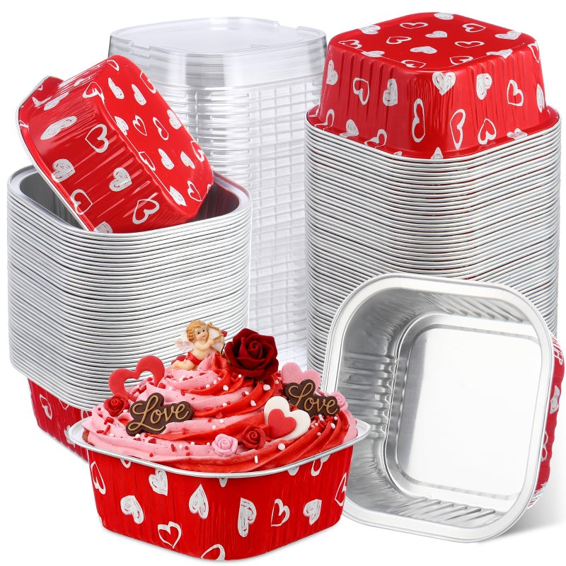 Jingmore 100 Pcs Valentine's Day Square Baking Pans with Lids 10oz Aluminum Foil Cupcake Brownie Disposable Baking Cups Individual Tin Dessert Containers(Heart,Red) - Image 1