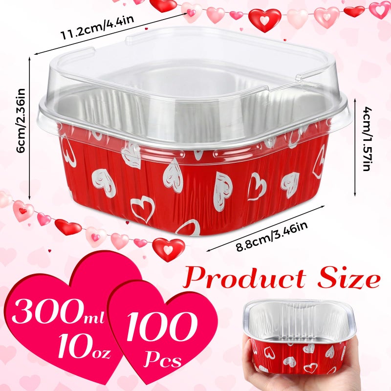 Jingmore 100 Pcs Valentine's Day Square Baking Pans with Lids 10oz Aluminum Foil Cupcake Brownie Disposable Baking Cups Individual Tin Dessert Containers(Heart,Red) - Image 2