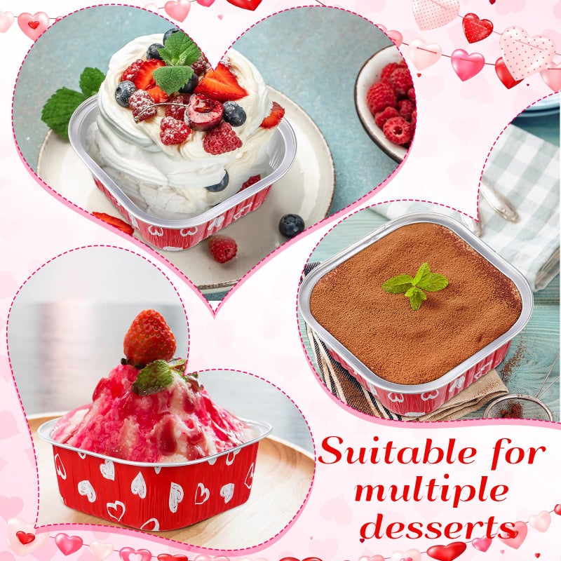 Jingmore 100 Pcs Valentine's Day Square Baking Pans with Lids 10oz Aluminum Foil Cupcake Brownie Disposable Baking Cups Individual Tin Dessert Containers(Heart,Red) - Image 4