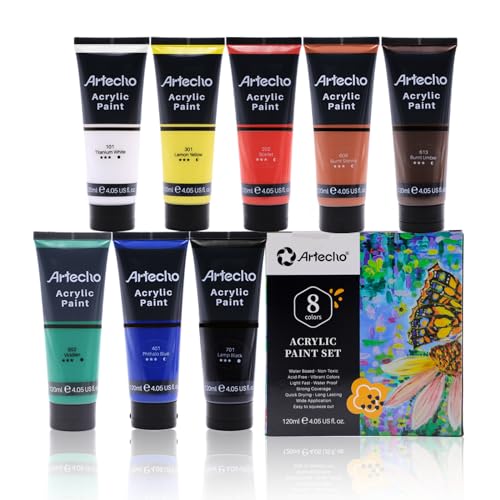 Artecho Professional Acrylic Paint Set, 8 Primary Colors (120ml / 4.05oz) Tubes, Art Craft Paints for Canvas, Rock, Stone, Wood, Fabric, Art Supplies - Image 1