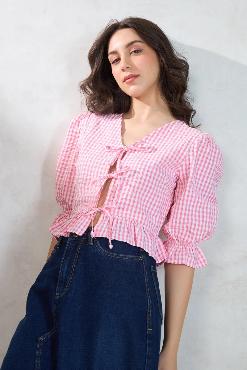 Virgio VIRGIO 100% Cotton Front-Tie Peplum Top