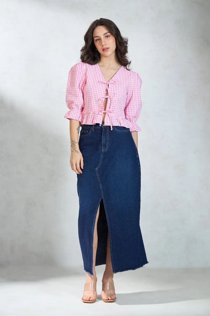 Virgio VIRGIO 100% Cotton Front-Tie Peplum Top
