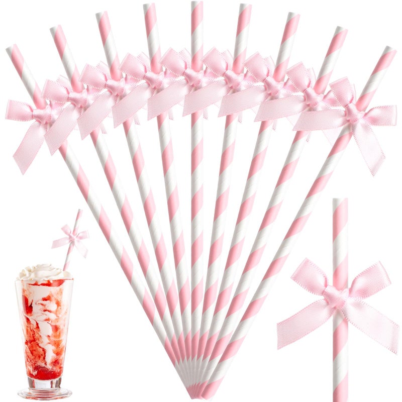 Potchen 50 Pcs Pink Bow Paper Straws Bulk Pink and White Disposable Striped Straws for Drinking, Pastel Theme Party Supplies for Birthday Wedding Bachelorette Baby Shower Cake Decor - Image 1