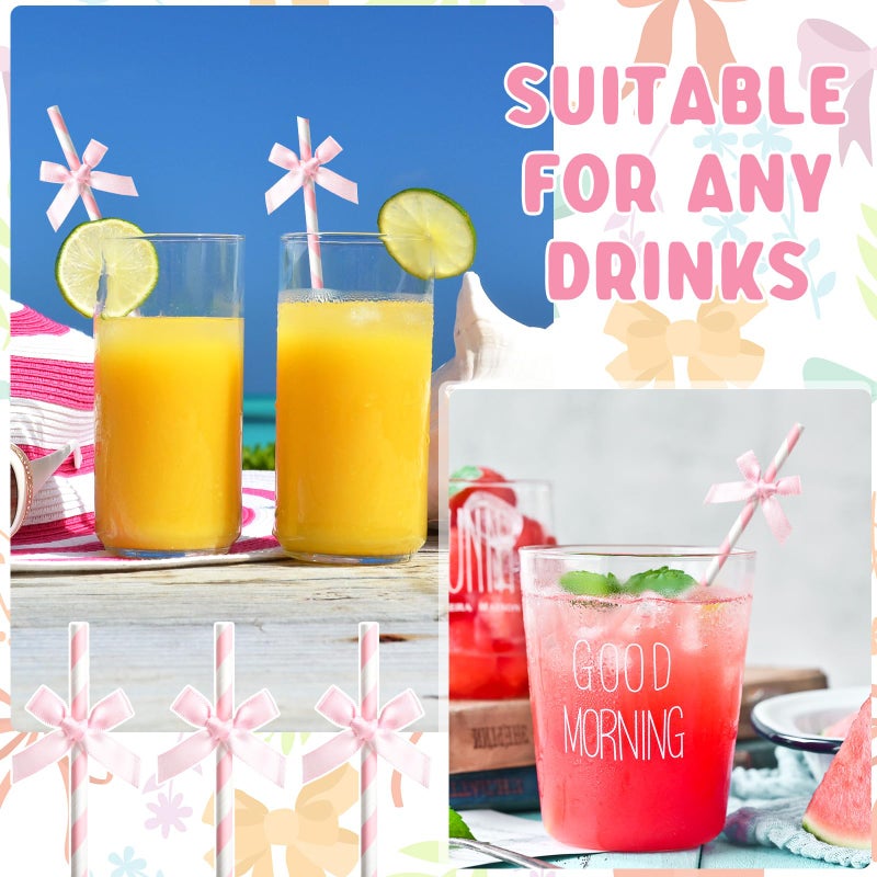 Potchen 50 Pcs Pink Bow Paper Straws Bulk Pink and White Disposable Striped Straws for Drinking, Pastel Theme Party Supplies for Birthday Wedding Bachelorette Baby Shower Cake Decor - Image 5