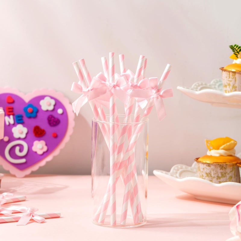 Potchen 50 Pcs Pink Bow Paper Straws Bulk Pink and White Disposable Striped Straws for Drinking, Pastel Theme Party Supplies for Birthday Wedding Bachelorette Baby Shower Cake Decor - Image 2