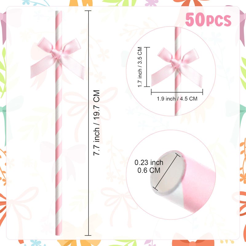 Potchen 50 Pcs Pink Bow Paper Straws Bulk Pink and White Disposable Striped Straws for Drinking, Pastel Theme Party Supplies for Birthday Wedding Bachelorette Baby Shower Cake Decor - Image 3