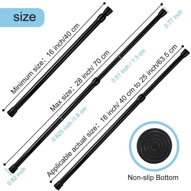 Goowin Tension Rod 16 to 28 Inch, Goowin Small Tension Rod, 5/8" Diameter No Drilling Expandable Short Tension Rods Spring Rods, Tension Rods for Closet, Cupboard, Hanging Clothes, 2 Pack, Black - Image 3
