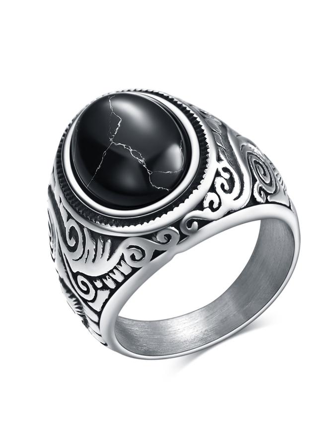 European And American Stainless Steel Personalized Retro Palace Turquoise Titanium Steel Ring All-match Ring