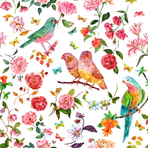 VaryFloral Bird Parrot Floral Wallpaper Peel and Stick 24x118 Removable Spring Garden Botanical Wallpaper Self Adhesive Floral Birds Contact Paper Colorful Butterfly Peony Flower Vivid Wall Paper - Image 1