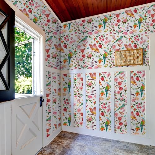 VaryFloral Bird Parrot Floral Wallpaper Peel and Stick 24x118 Removable Spring Garden Botanical Wallpaper Self Adhesive Floral Birds Contact Paper Colorful Butterfly Peony Flower Vivid Wall Paper - Image 3