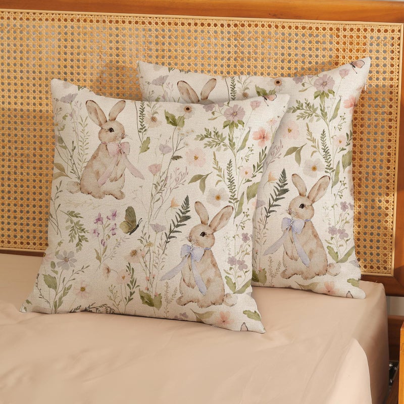 GOLIANDA Spring Easter Pillow Covers 18x18 Inch Set of 2 Botanical Watercolor Floral Bunny Throw Pillows Flower Rabbit Decorative Pillow Cases Outdoor Decor Linen Farmhouse Cushion Case for Couch Home - Image 3