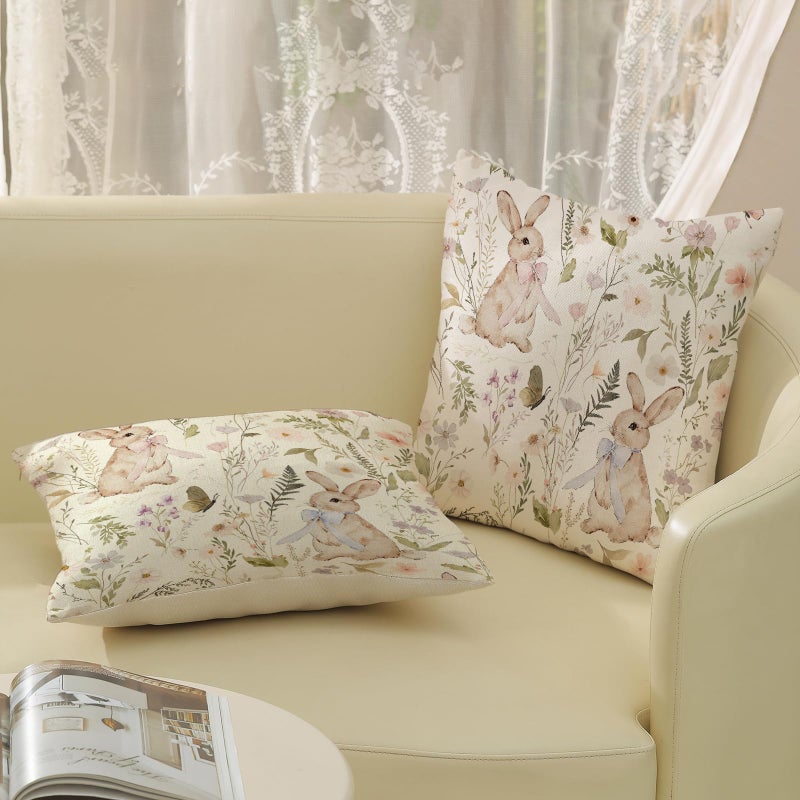 GOLIANDA Spring Easter Pillow Covers 18x18 Inch Set of 2 Botanical Watercolor Floral Bunny Throw Pillows Flower Rabbit Decorative Pillow Cases Outdoor Decor Linen Farmhouse Cushion Case for Couch Home - Image 5