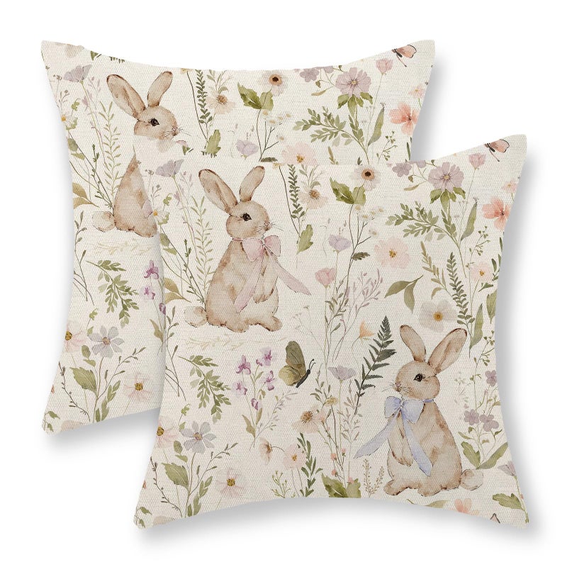 GOLIANDA Spring Easter Pillow Covers 18x18 Inch Set of 2 Botanical Watercolor Floral Bunny Throw Pillows Flower Rabbit Decorative Pillow Cases Outdoor Decor Linen Farmhouse Cushion Case for Couch Home - Image 1
