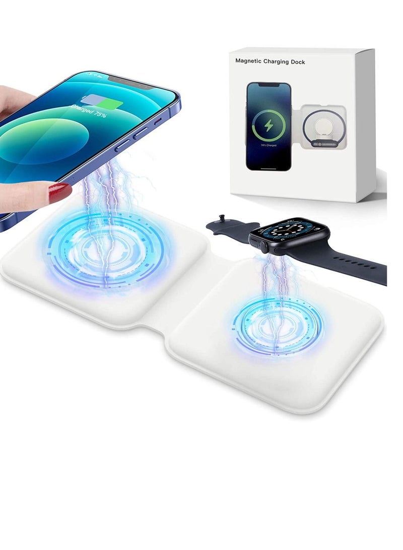 ELTRAZONE 2 in 1 Wireless Charger, 15W Qi Fast Dual Magnetic Wireless Charging Pad [for Magsafe Charging], Foldable PU Wireless Charger Station for iPhone 12/12 Pro/12 Pro Max/Mini/11/X/XR/S20/Airpods/iWatch - Image 1