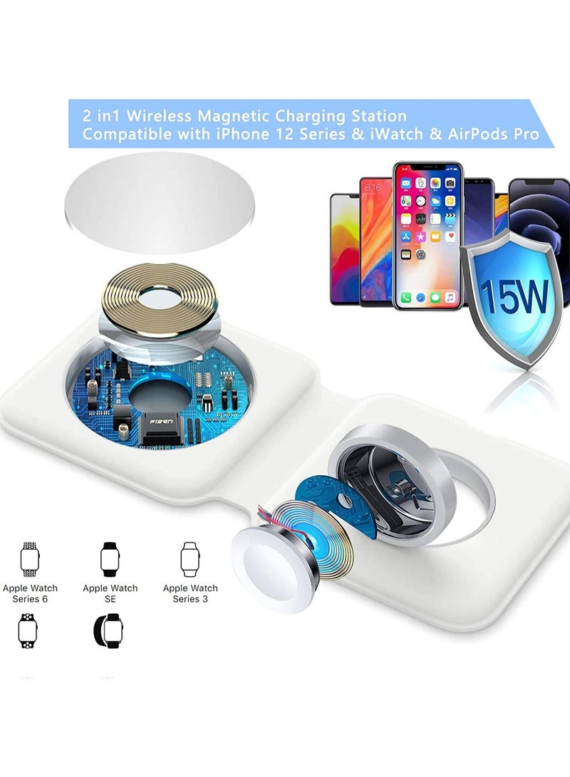 ELTRAZONE 2 in 1 Wireless Charger, 15W Qi Fast Dual Magnetic Wireless Charging Pad [for Magsafe Charging], Foldable PU Wireless Charger Station for iPhone 12/12 Pro/12 Pro Max/Mini/11/X/XR/S20/Airpods/iWatch - Image 3