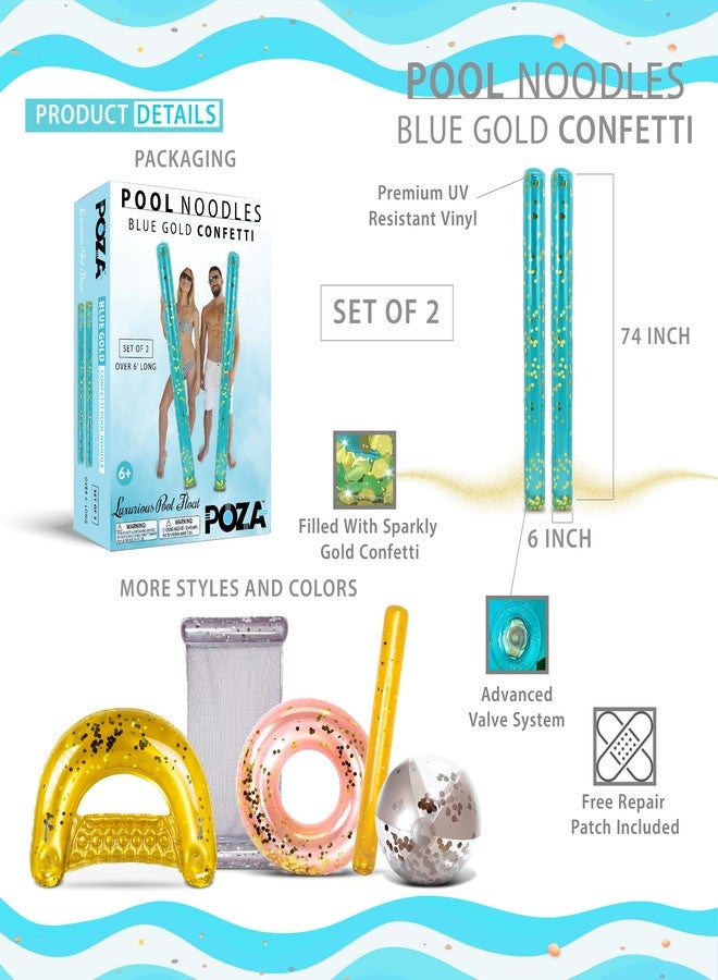 POZA 2 Pack Jumbo Inflatable Pool Noodle Floats - 74-inch Premium Luxurious Giant Pool Noodle Inflatable Floats, Sparkle Blue Gold Glitter Confetti Pool Float Inflatable Noodles for Ocean, Lake, Beach - Image 2