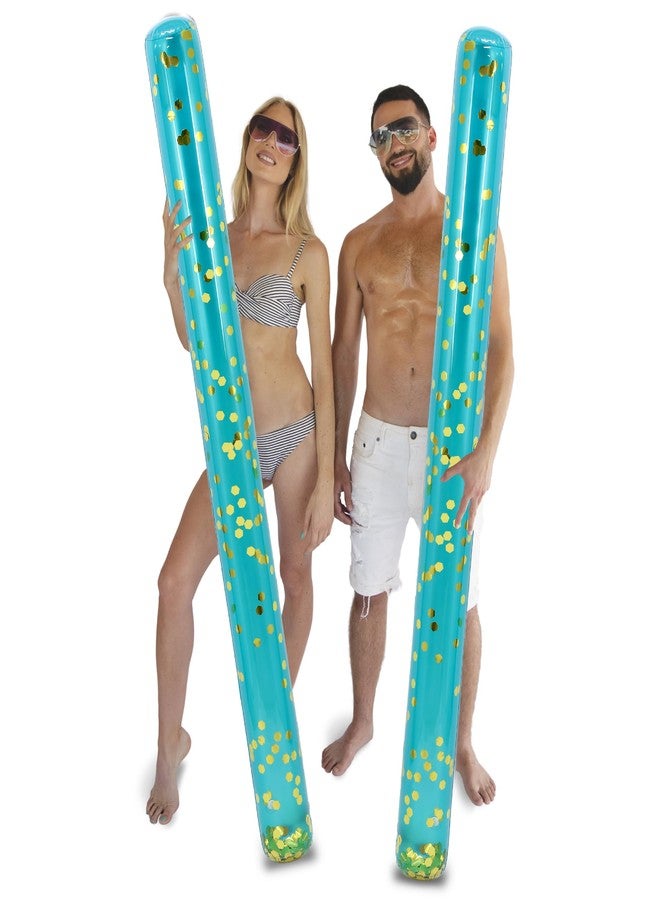 POZA 2 Pack Jumbo Inflatable Pool Noodle Floats - 74-inch Premium Luxurious Giant Pool Noodle Inflatable Floats, Sparkle Blue Gold Glitter Confetti Pool Float Inflatable Noodles for Ocean, Lake, Beach - Image 1