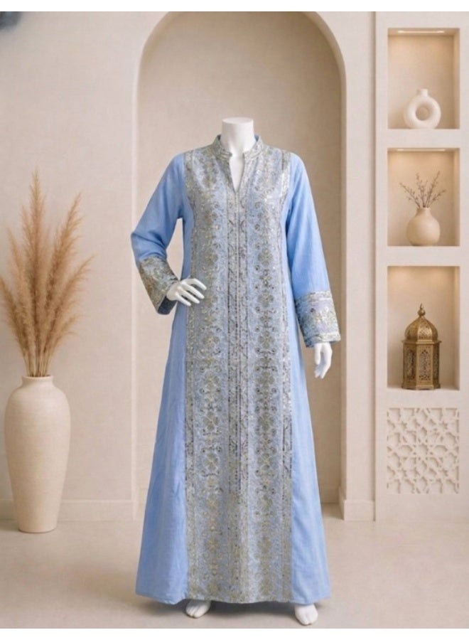 عباية حريمي مطرزة بتطريز تراثي – عبايه نسائية كتان مستورد فخمة – تصميم عصري خروج والاستقبال – المقاسات مقاس 1: مناسب من 60 كجم إلى 85 كجم. مقاس 2: مناسب من 85 كجم إلى 120 كجم. - Image 2
