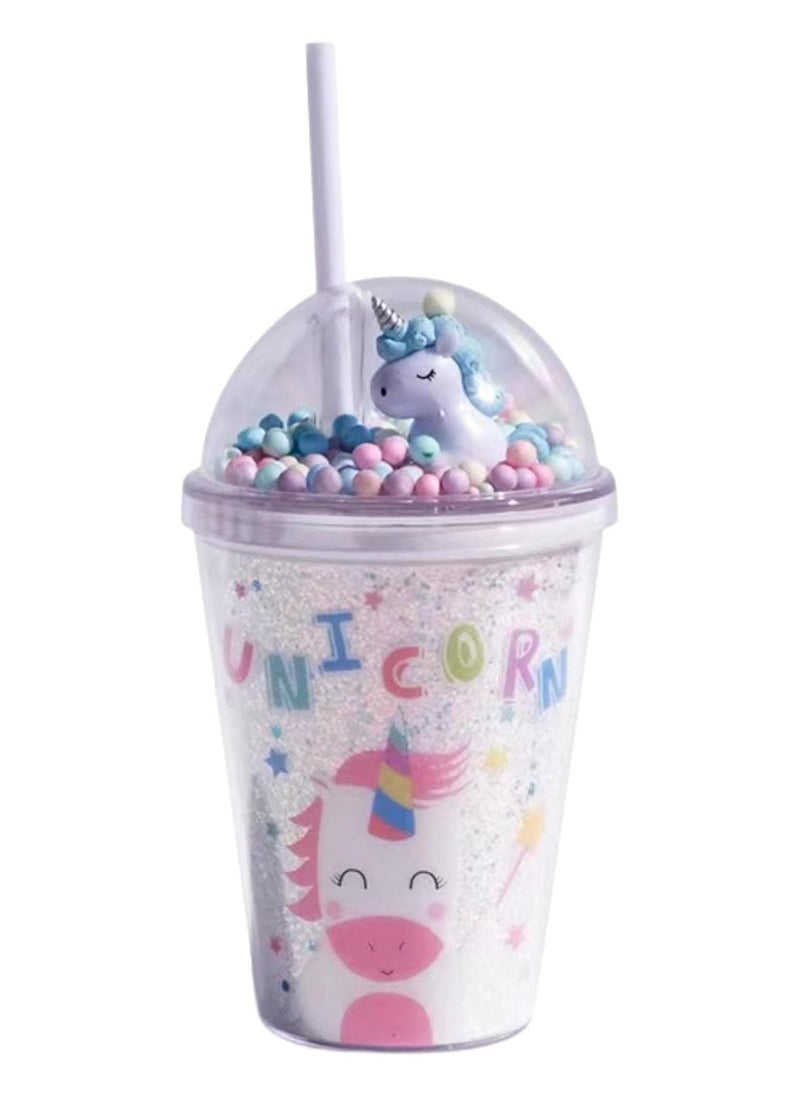 Party with Emma Unicorn water bottle with colorful bubbles and real 3D unicorn lid unicorn straw cup BPA-Free Double wall unicorn water bottles for girls boys adults Kids (Blue)  - Image 1