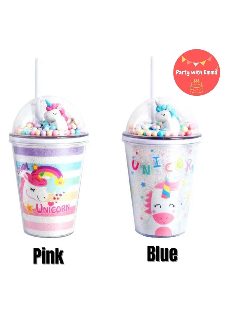 Party with Emma Unicorn water bottle with colorful bubbles and real 3D unicorn lid unicorn straw cup BPA-Free Double wall unicorn water bottles for girls boys adults Kids (Blue)  - Image 3