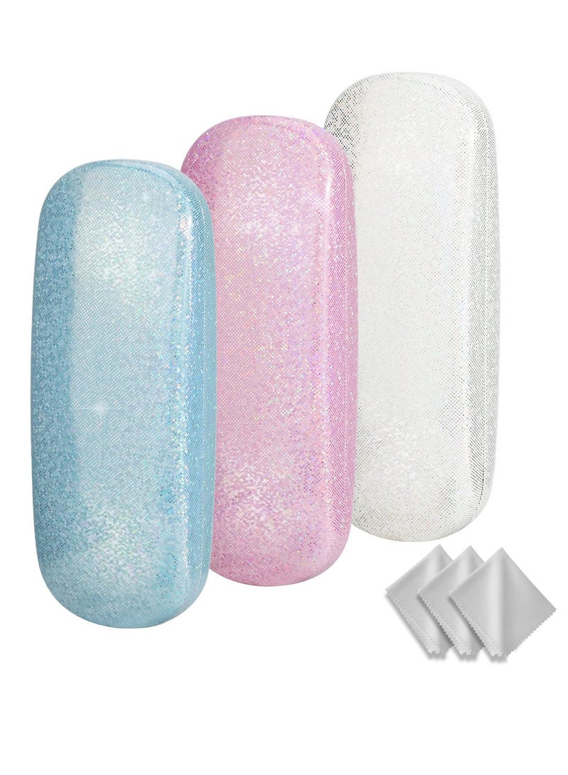 3-Pack Hard Shell PU Leather Eyeglasses Case, Portable Protective Sunglasses Holder, Glitter Glasses Case with Microfiber Cleaning Cloth for Men, Women, and Girls - Ideal for Travel, Study, and Work. - Image 1