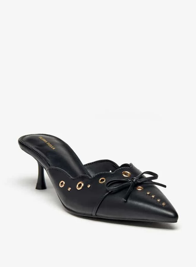 Flora Bella By Shoexpress Women Eyelet Tetxured Slip-On Mules with Bow Applique and Cone Heels