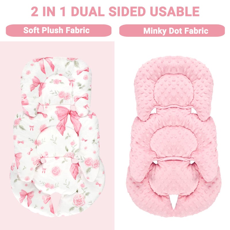 Jundetye Infant Car Seat Insert Girls, Soft Car Seat Head Support Baby & 2 Strap Pads, Preemie Newborn Carseat Insert Reversible Fits for Stroller, Baby Swing, Rocker, Bassinets, Bouncer, Pink Rose - Image 2