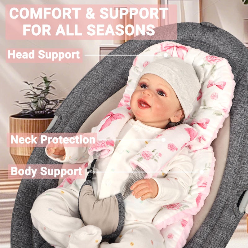 Jundetye Infant Car Seat Insert Girls, Soft Car Seat Head Support Baby & 2 Strap Pads, Preemie Newborn Carseat Insert Reversible Fits for Stroller, Baby Swing, Rocker, Bassinets, Bouncer, Pink Rose - Image 4