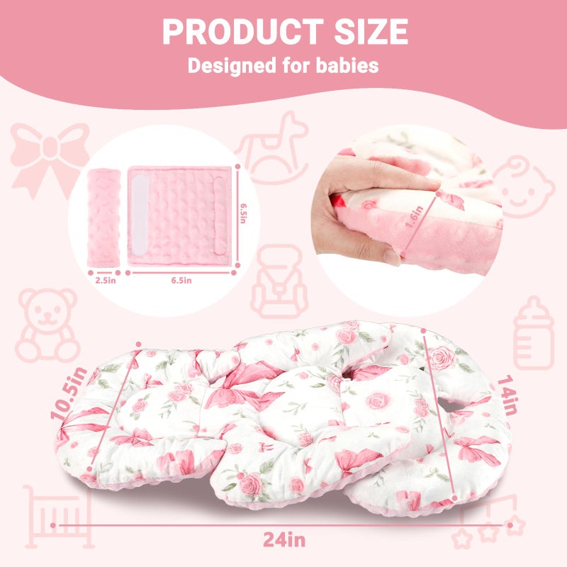 Jundetye Infant Car Seat Insert Girls, Soft Car Seat Head Support Baby & 2 Strap Pads, Preemie Newborn Carseat Insert Reversible Fits for Stroller, Baby Swing, Rocker, Bassinets, Bouncer, Pink Rose - Image 3
