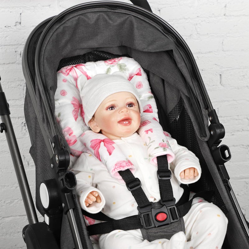 Jundetye Infant Car Seat Insert Girls, Soft Car Seat Head Support Baby & 2 Strap Pads, Preemie Newborn Carseat Insert Reversible Fits for Stroller, Baby Swing, Rocker, Bassinets, Bouncer, Pink Rose - Image 5