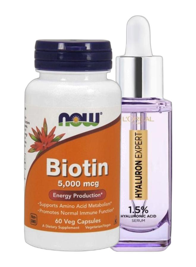 Now Foods Biotin 5000 mcg Dietary Supplement - 60 Veg Capsules & Hyaluron Expert Replumping Face Serum- 1.5% Hyaluronic Acid Serum Clear 30ml, packaging may vary Clear 30mlBundle - Image 1