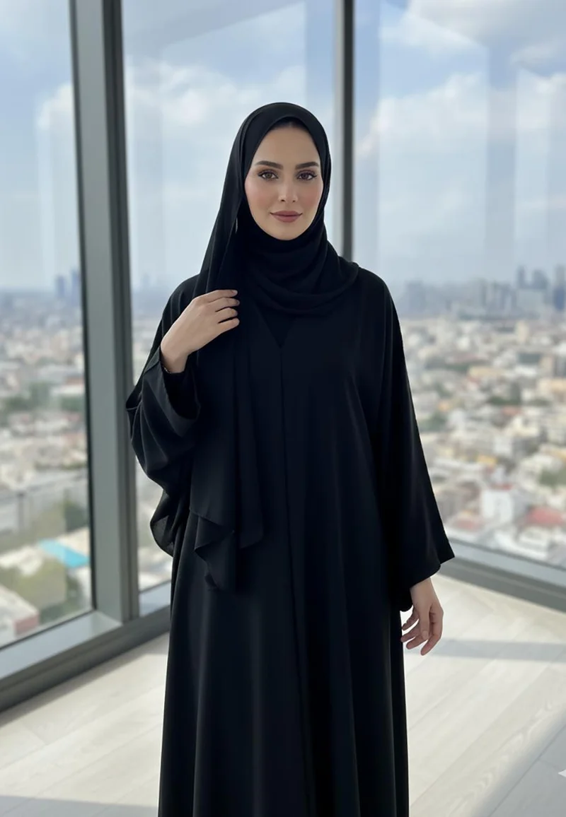 NUKHBAA The Essential Classic Black Abaya | V-Neck Nida Fabric-806