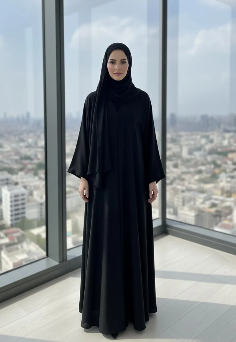 NUKHBAA The Essential Classic Black Abaya | V-Neck Nida Fabric-806