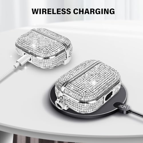 LUVI Compatible with AirPods Pro (2019) Diamond Case Rhinestone Bling Glitter Crystal Shiny Sparkle Cute Protective Shockproof Cover for Women Girls Luxury Skin with Keychain Silver - Image 4