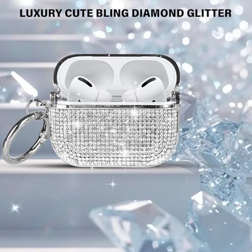LUVI Compatible with AirPods Pro (2019) Diamond Case Rhinestone Bling Glitter Crystal Shiny Sparkle Cute Protective Shockproof Cover for Women Girls Luxury Skin with Keychain Silver - Image 5