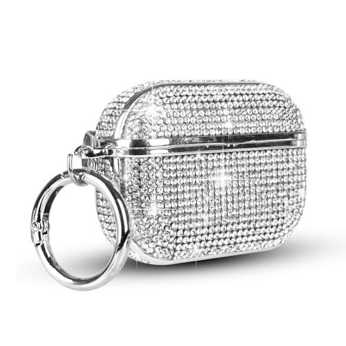 LUVI Compatible with AirPods Pro (2019) Diamond Case Rhinestone Bling Glitter Crystal Shiny Sparkle Cute Protective Shockproof Cover for Women Girls Luxury Skin with Keychain Silver - Image 1