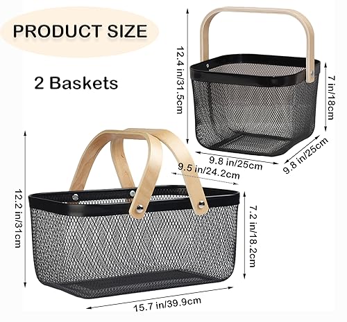 Cheardia 2 Pack Picnic Baskets Metal Mesh Harvest Basket with Foldable Wooden Handle Rectangle Garden Storage Basket Bin for Vegetable Fruit Garden Kitchen Cabinet Picking Gathering - Image 3