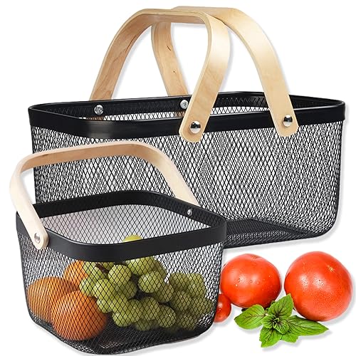 Cheardia 2 Pack Picnic Baskets Metal Mesh Harvest Basket with Foldable Wooden Handle Rectangle Garden Storage Basket Bin for Vegetable Fruit Garden Kitchen Cabinet Picking Gathering - Image 1