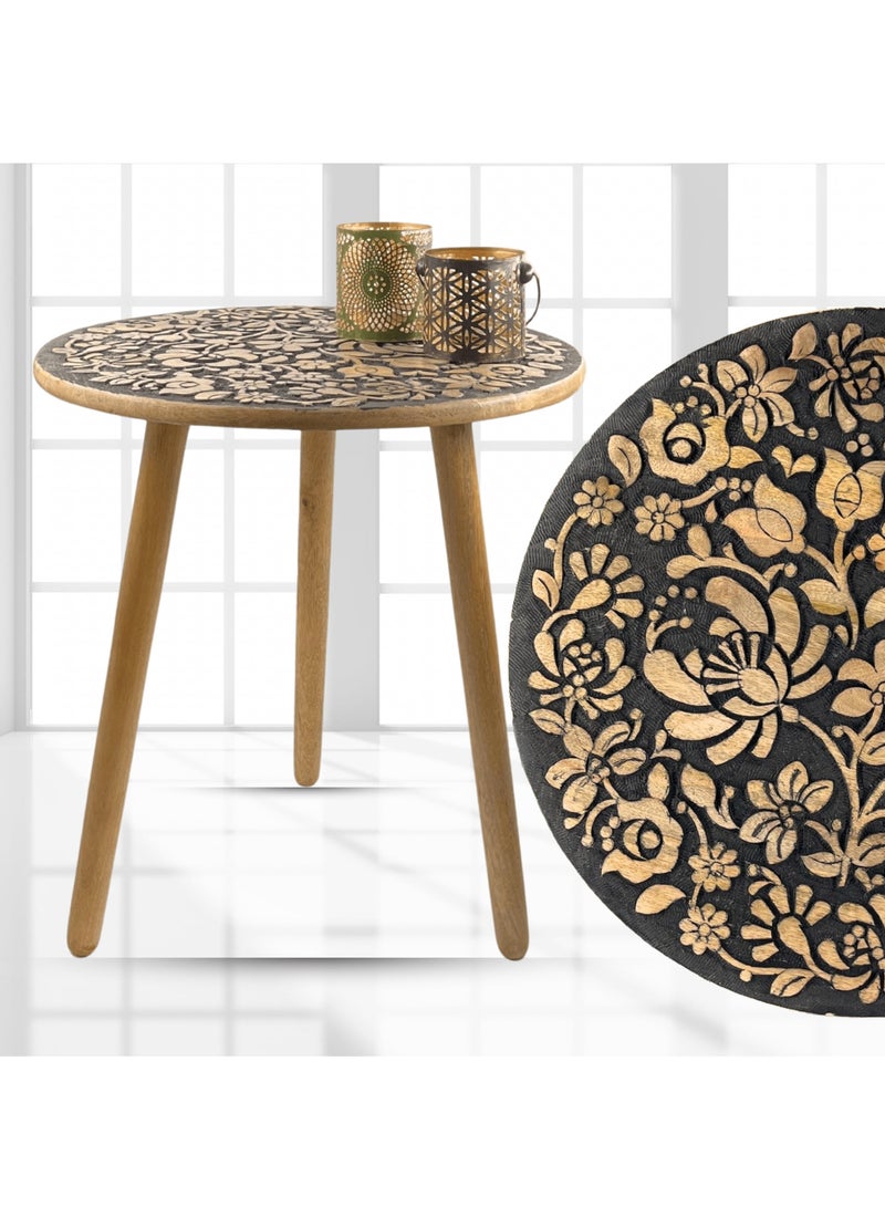 Souq DESIGNS سوق ديزاينز طاولة مستديرة بجانب السرير من الخشب - استخدم طاولة جانبية ريفية بوهو خشبية صغيرة في غرفة النوم، أثاث منضدة من الخيزران في المزرعة في حالة من الضيق من الخشب الصلب المنحوت يدويًا - 48 سم ارتفاع × 48 سم عمق  - Image 1