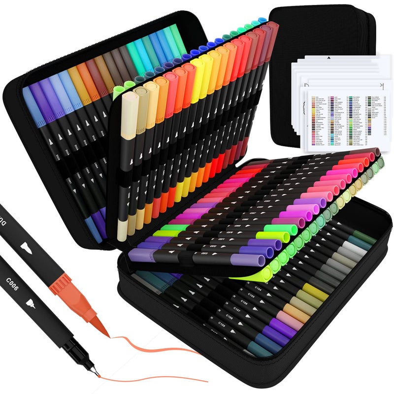 Sunacme Art Supplier Dual Brush Markers Pens, 110 Artist Coloring Marker Set, Fineliner & Brush Tip Pen with Premium Case for Adults Coloring Books & Kids Journal, Drawing, Doodlin - Image 1