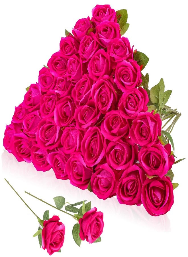 Hoemwarm 36 Pcs Velvet Silk Hot Pink Rose Bouquet Bridal Artificial Flowers,Fake Rose Long Stem Realistic Artificial Flowers Bulk for Wedding Bouquet Ball Arrangement Centerpiece Party Decor(Hot Pink) - Image 1