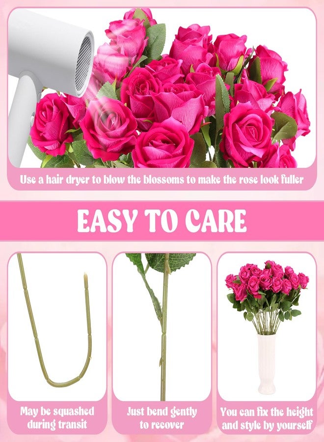 Hoemwarm 36 Pcs Velvet Silk Hot Pink Rose Bouquet Bridal Artificial Flowers,Fake Rose Long Stem Realistic Artificial Flowers Bulk for Wedding Bouquet Ball Arrangement Centerpiece Party Decor(Hot Pink) - Image 2