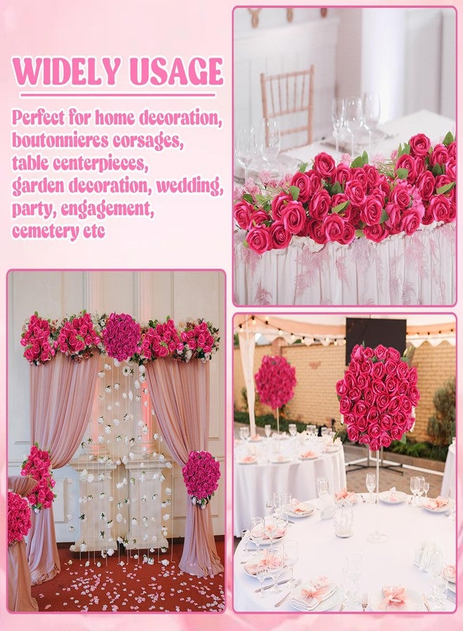 Hoemwarm 36 Pcs Velvet Silk Hot Pink Rose Bouquet Bridal Artificial Flowers,Fake Rose Long Stem Realistic Artificial Flowers Bulk for Wedding Bouquet Ball Arrangement Centerpiece Party Decor(Hot Pink) - Image 5