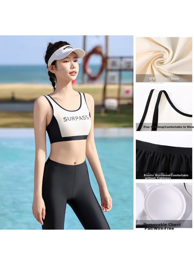 F.dyraa Women's Conservative One-piece Swimsuit Dress Slimming Style Plus Size Hot Spring Swimming Suit Three-piece Set 14061 White M - Image 3