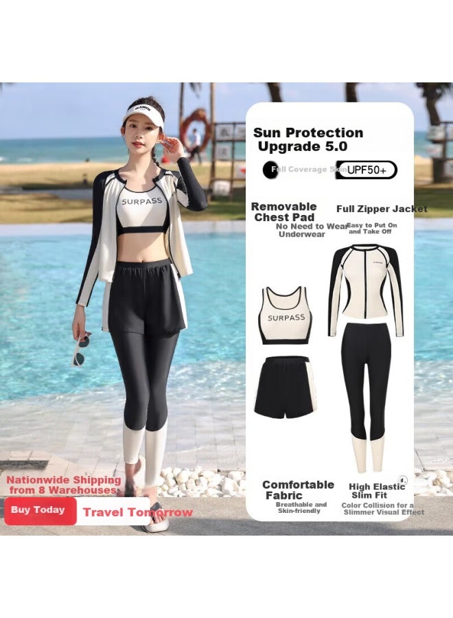 F.dyraa Women's Conservative One-piece Swimsuit Dress Slimming Style Plus Size Hot Spring Swimming Suit Three-piece Set 14061 White M - Image 1