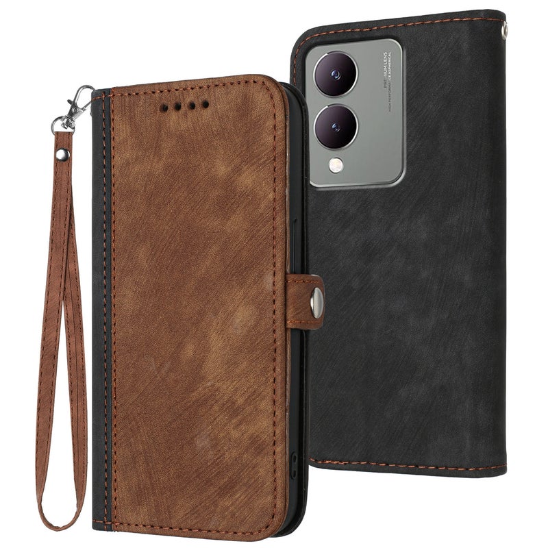 HuHa Case Cover For vivo Y17s 4G Global/Y28 5G India Side Buckle Double Fold Hand Strap Leather Phone Case(Brown) - Image 1
