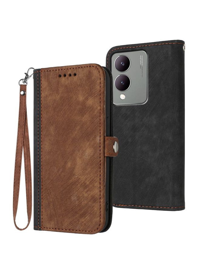 HuHa Case Cover For vivo Y17s 4G Global/Y28 5G India Side Buckle Double Fold Hand Strap Leather Phone Case Brown 
